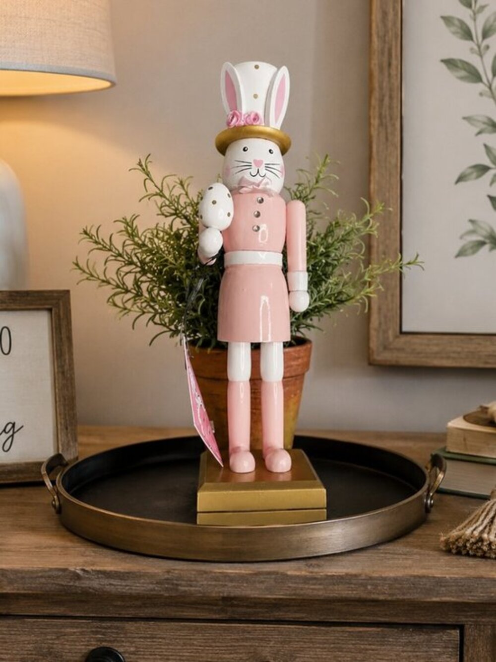 Wooden Easter Bunny Nutcracker 13.5” Pink Rabbit with Egg NWT